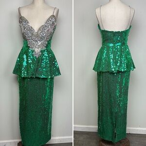 Emerald Sequin Peplum Prom Dress with Silver Embellished Bodice